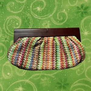 MMS Multi-coloured crochet clutch bag with wooden handle